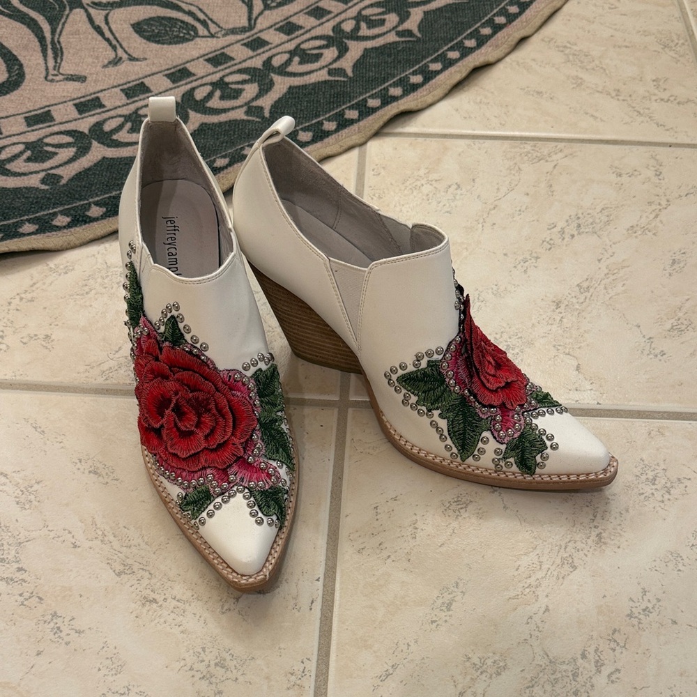Jeffrey Campbell White Ankle Heeled Boots with Red Rose Embroidery